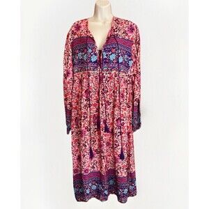 NWT R Vioimas Boho Puff Longsleeve Floral Print Maxi Dress Womens L Pink Purple